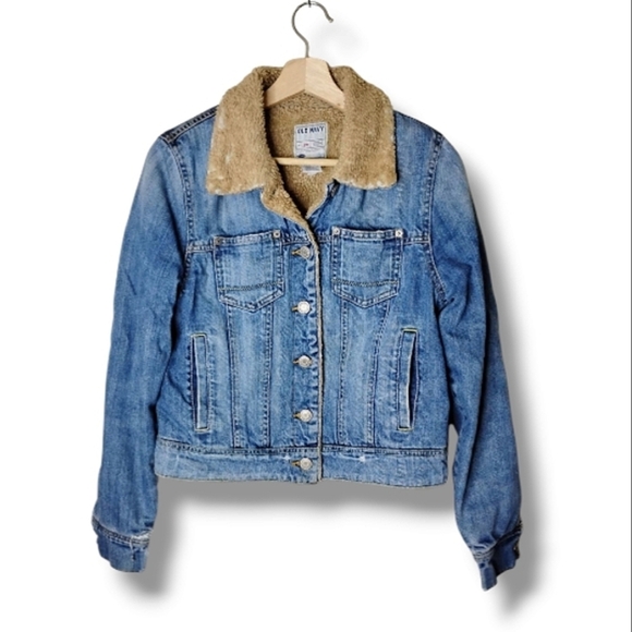 Old Navy Jackets & Blazers - Old Navy Vintage Denim Trucker Jacket 90s Grunge Thrashed Sherpa Lined Indie